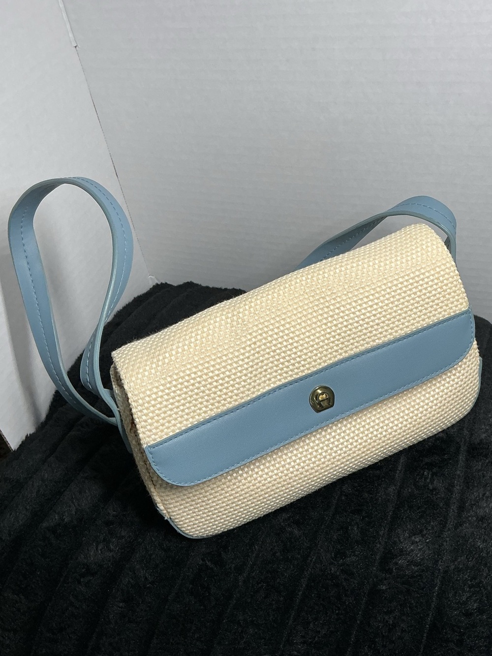 Etienne Aigner Cream and Light Blue Shoulder Bag